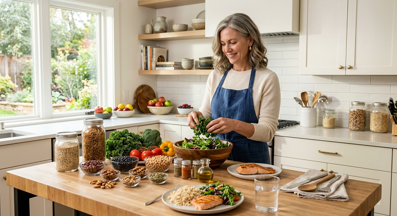 Adult preparing a balanced meal with whole foods as a sustainable alternative to fad diets.