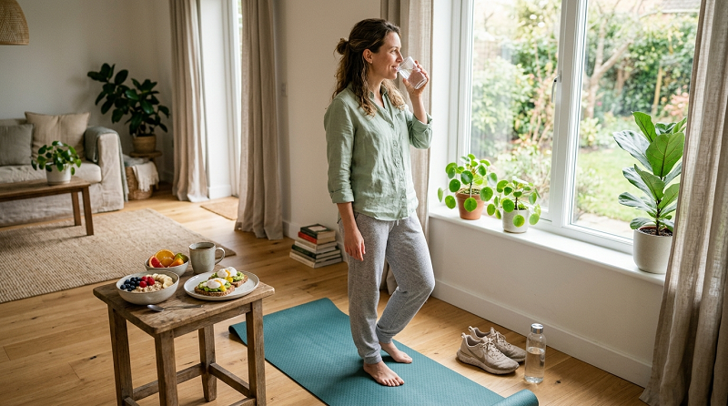 Adult starting the morning with water, light exercise, and healthy breakfast habits.