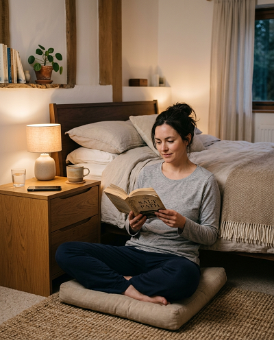 Adult relaxing before bed as part of a healthy sleep and stress management routine