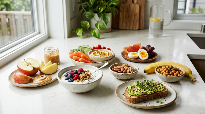 Healthy snacks including apple with peanut butter, Greek yogurt, vegetables, eggs, fruit, and nuts
