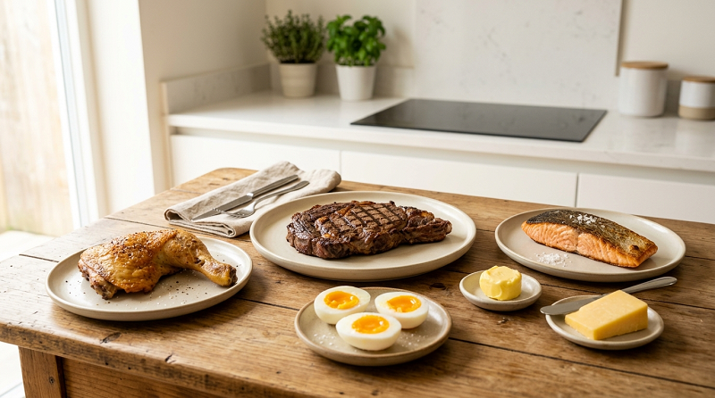 Steak, chicken, salmon, eggs, butter, and cheese representing foods commonly eaten on the carnivore diet.