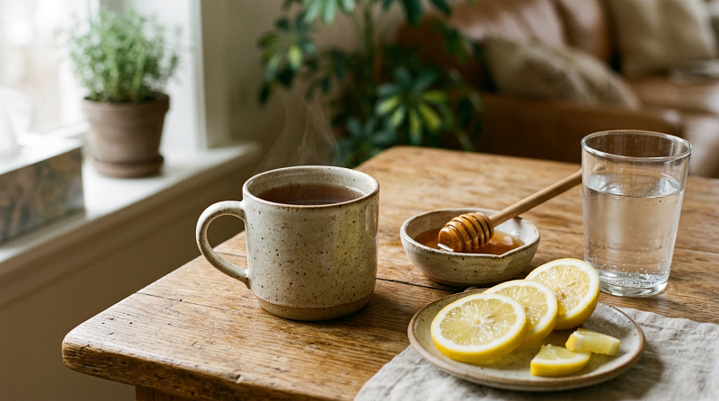 Honey, warm tea, lemon, and water for natural cough relief