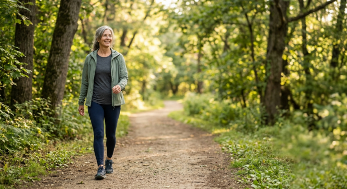 Middle-aged adult taking a brisk walk for better heart health