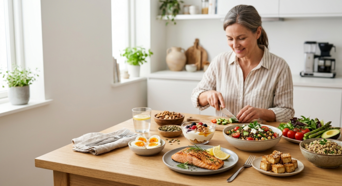 Healthy high-protein foods arranged for a balanced daily diet