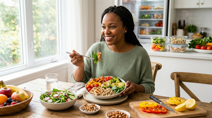 Person enjoying a balanced healthy meal with vegetables, fruit, whole grains, and protein