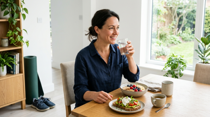 Adult starting the day with healthy food, water, and a simple wellness routine