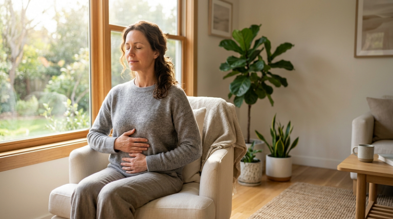 Woman practicing natural stress relief through deep breathing at home