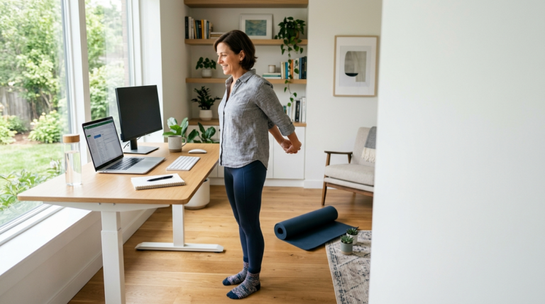 Person stretching during a work break at a home office
