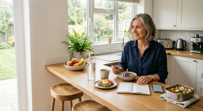 Busy professional following a healthy routine with a nutritious breakfast and water