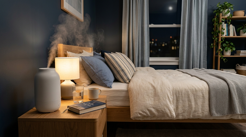Cool-mist humidifier in a bedroom for nighttime cough relief