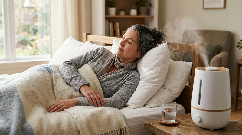 Person resting with a humidifier and water to ease cough symptoms