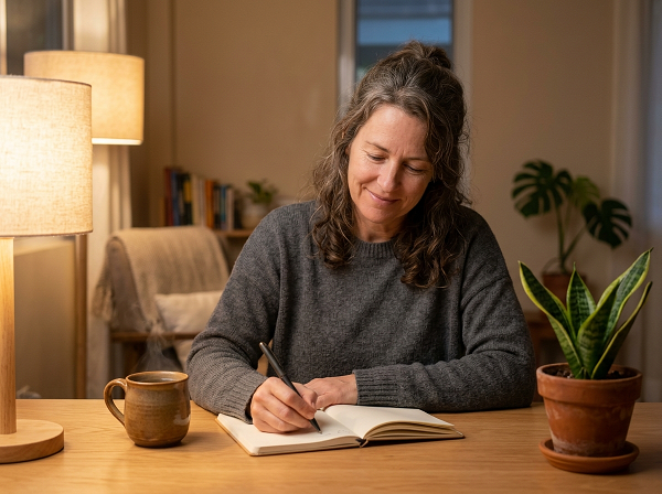 Woman journaling at home as a simple stress relief technique