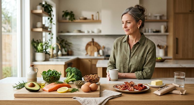 Healthy keto foods contrasted with processed meats, butter, and packaged foods to show the importance of balanced keto choices. Keto Diet