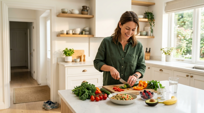 Adult preparing a healthy meal in a bright home kitchen