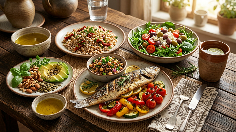 Mediterranean-style meal with vegetables, legumes, fish and whole grains