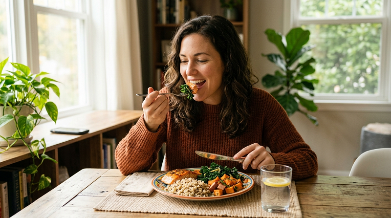 Adult practicing mindful eating while enjoying a healthy homemade meal