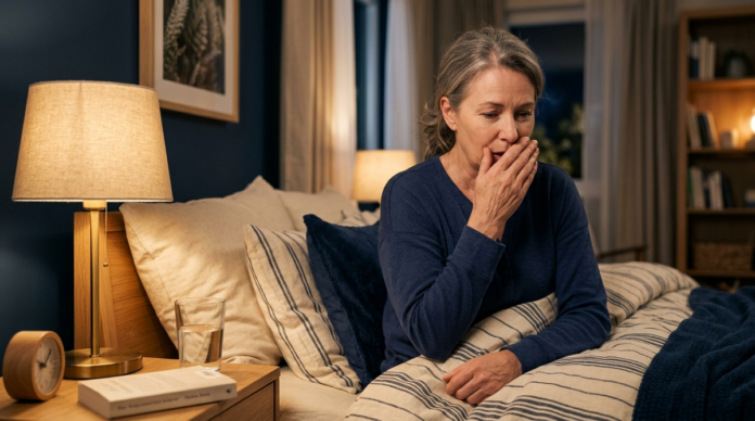 Adult experiencing a mild cough in bed at night while seeking nighttime cough relief