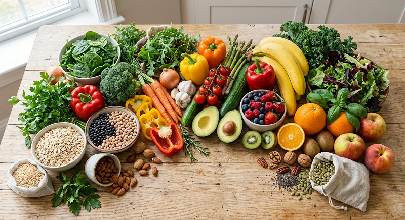 Colorful fruits, vegetables, whole grains, beans, nuts, and seeds for a healthy diet