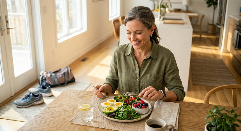 Healthy adult enjoying a nutritious low-carb breakfast with eggs, avocado, vegetables, and berries.