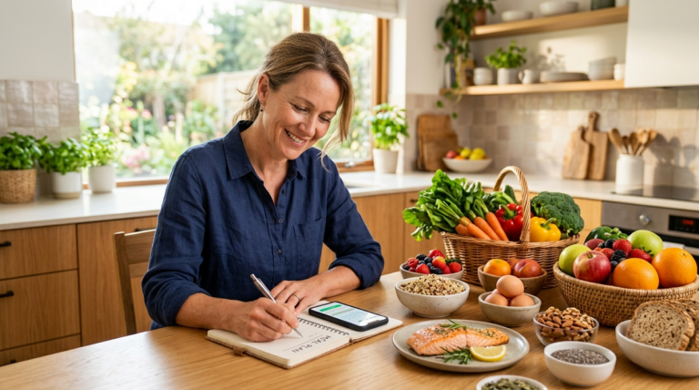 Person creating a personalized healthy eating plan with fresh foods in a bright kitchen