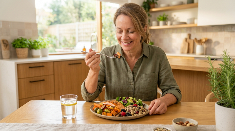 Adult enjoying a balanced healthy meal as part of a sustainable personalized diet. Diets
