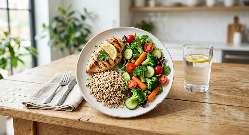 Balanced plate with vegetables, protein, and whole grains for portion control