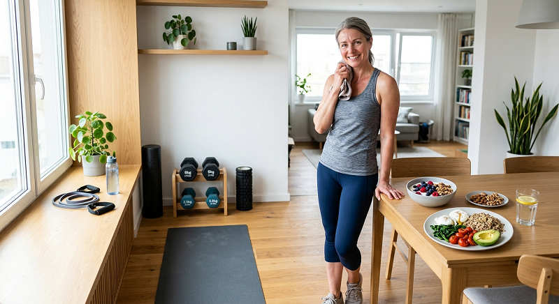 Healthy meal and strength workout supporting muscle recovery
