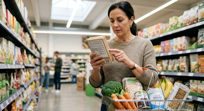 Person reading the ingredient label on a packaged food while grocery shopping