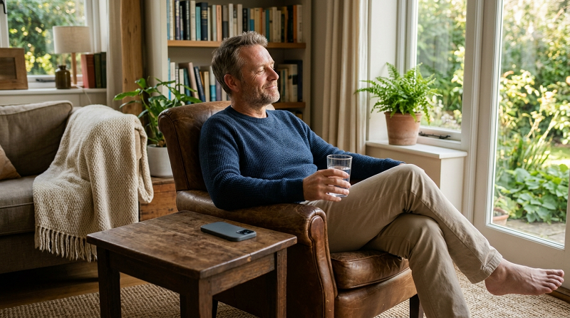 Man taking a screen-free break to relax and reduce daily stress