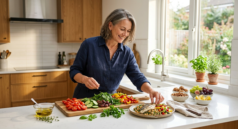 Beginner preparing a healthy Mediterranean-style meal with vegetables, beans, fish, whole grains, and olive oil
