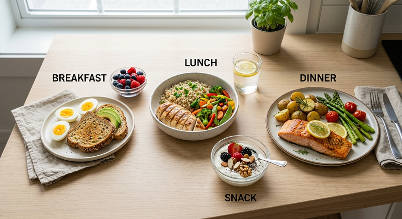 Balanced daily meal plan featuring healthy protein-rich foods