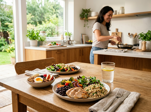 Simple nutritious foods arranged for a balanced everyday meal