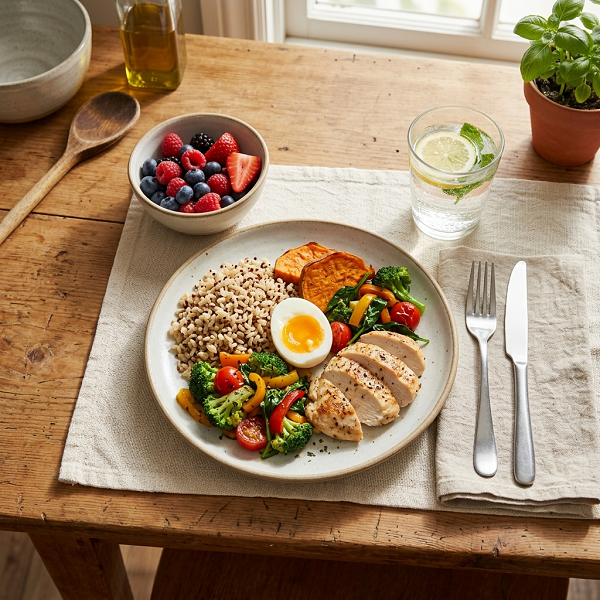 Nutritious meal with vegetables, fruit, whole grains, protein, and water
