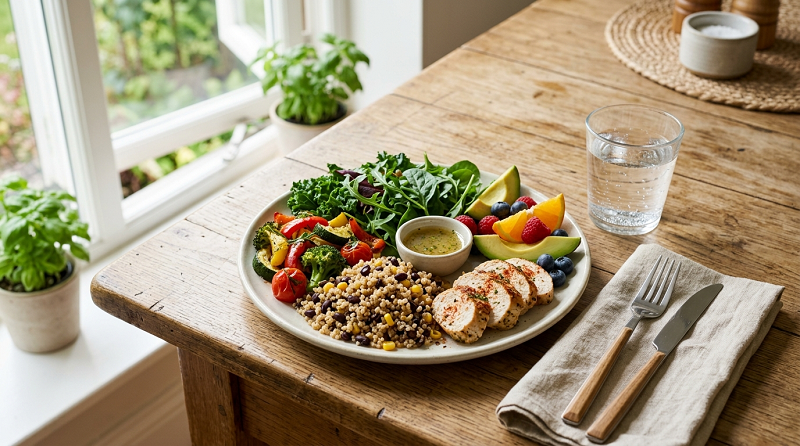 Balanced healthy meal with vegetables, fruit, whole grains, and lean protein