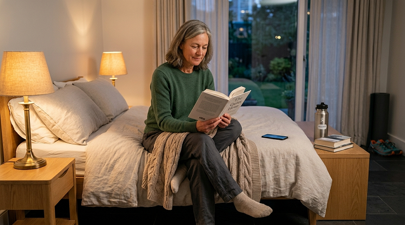 Woman relaxing at home during a calming evening bedtime routine