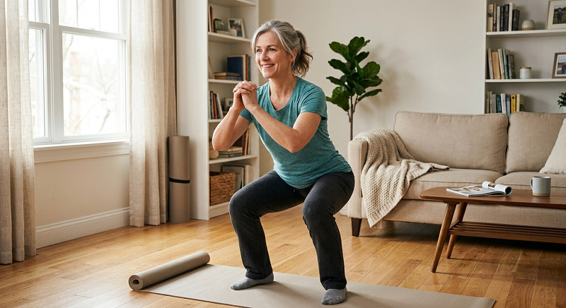Middle-aged adult doing simple strength exercises at home