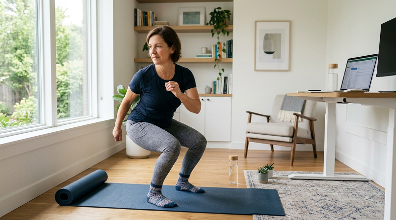 Person doing a simple home workout during a work-from-home day