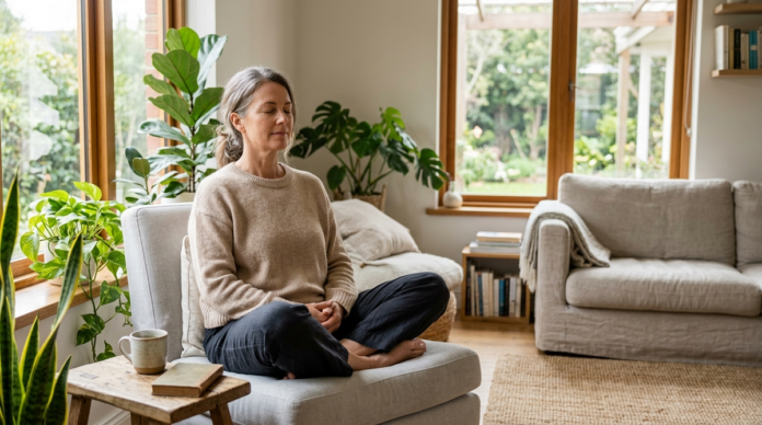 Person practicing relaxation at home to reduce daily stress naturally