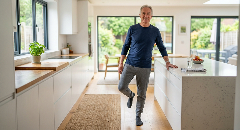 Older man practicing a supported single-leg balance exercise. Exercises