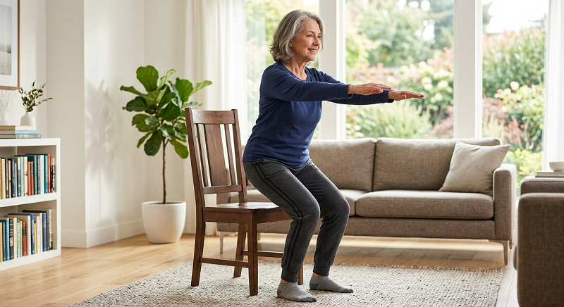Older woman performing a sit-to-stand exercise from a sturdy chair