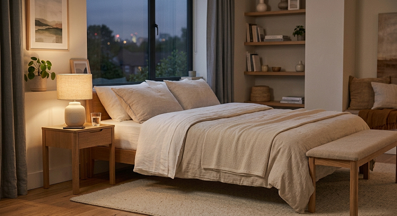 Calm and comfortable bedroom designed to support better sleep at night