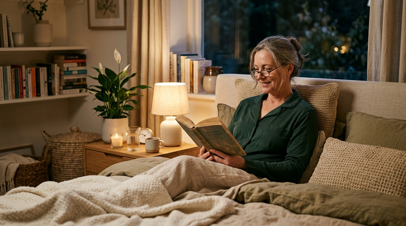 Middle-aged adult relaxing at home as part of a healthy sleep routine