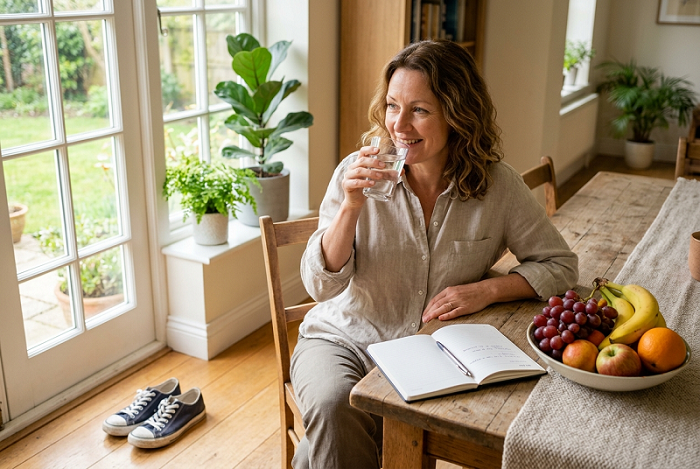 Person practicing simple healthy habits during a morning routine. Healthy Living