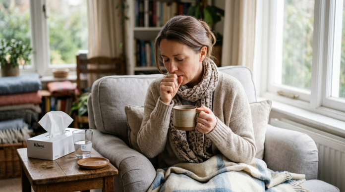 Person drinking warm tea to soothe a persistent cough naturally