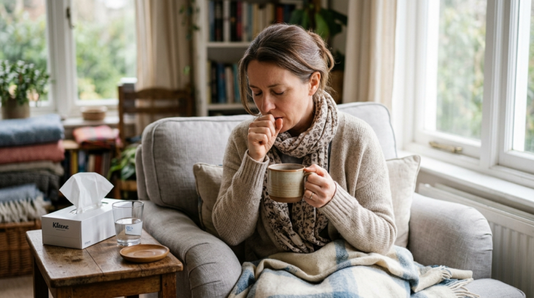 Person drinking warm tea to soothe a persistent cough naturally