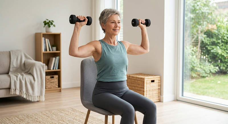 Woman over 50 doing strength training with light dumbbells at home