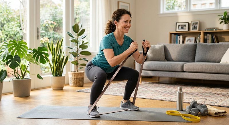 Beginner doing strength training with resistance bands at home