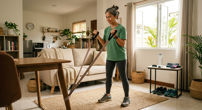 Adult doing resistance band exercises as part of a healthy weight loss routine