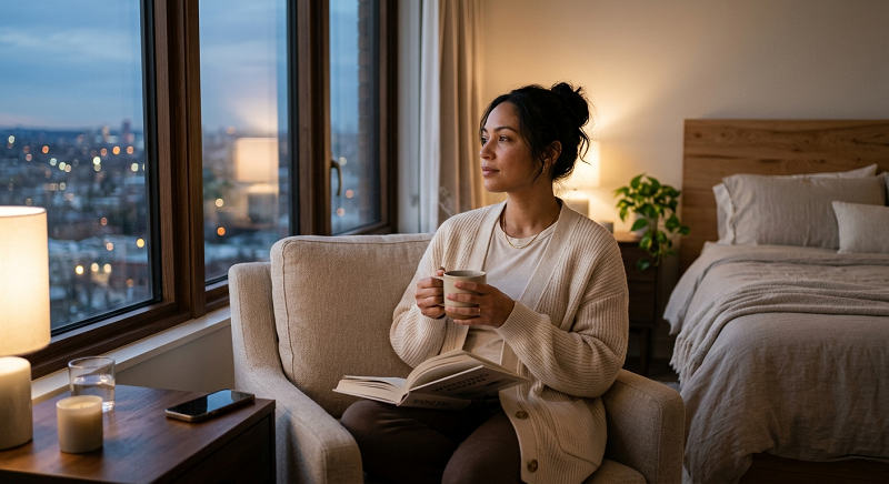 Busy professional relaxing at home to reduce stress and prepare for sleep