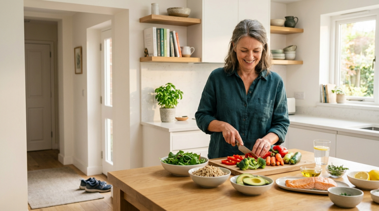 Middle-aged adult preparing a healthy meal for sustainable weight loss